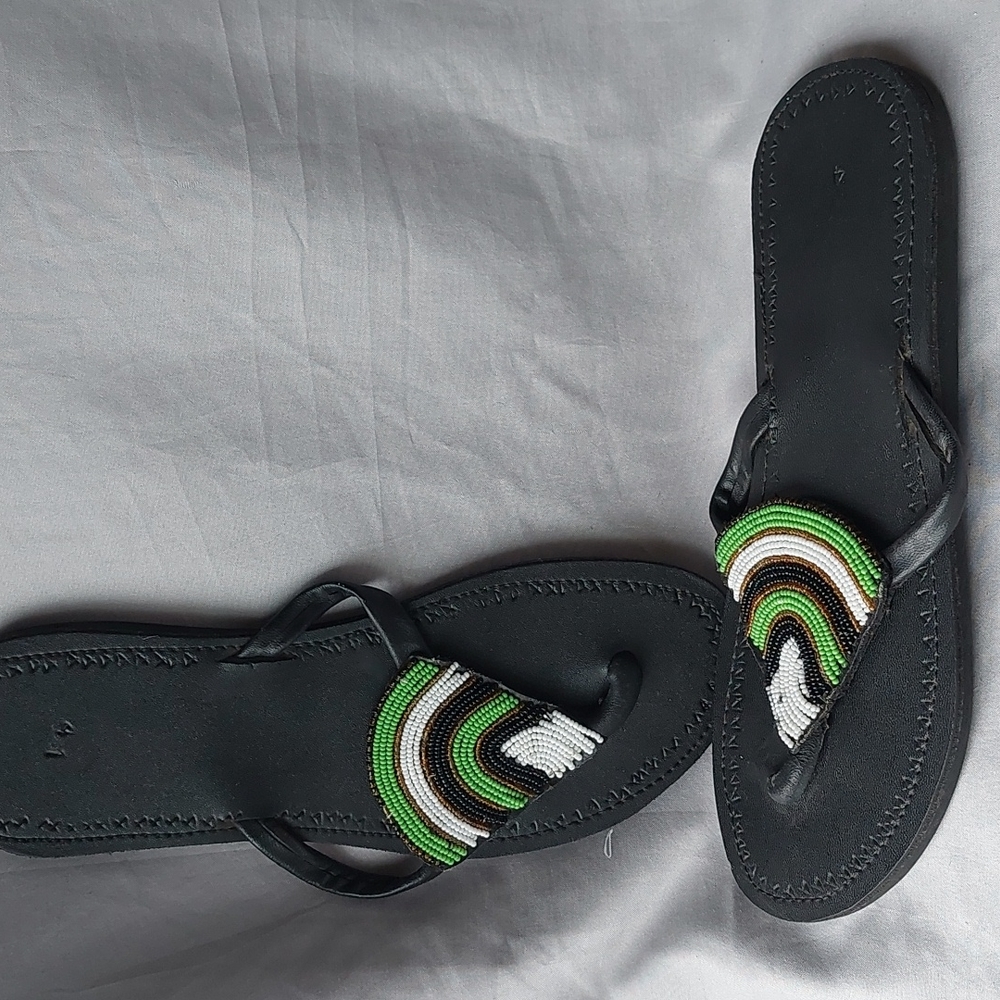 AFRICAN green white beaded sandals, size 9ish